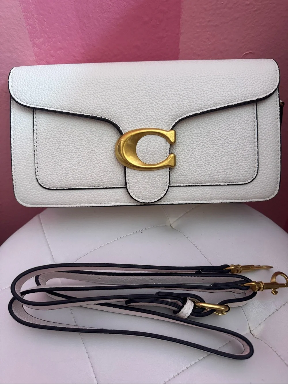 White Leather Clutch with Gold C Accent